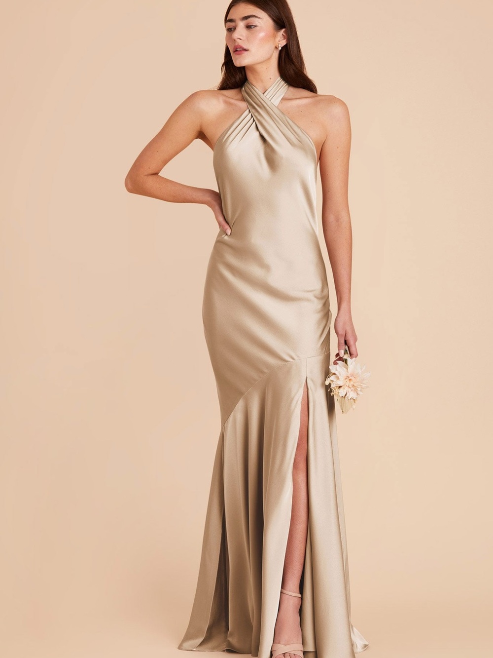NWT Birdy Grey | Stephanie Matte Satin Gold Halter Twist Maxi Dress Open Back